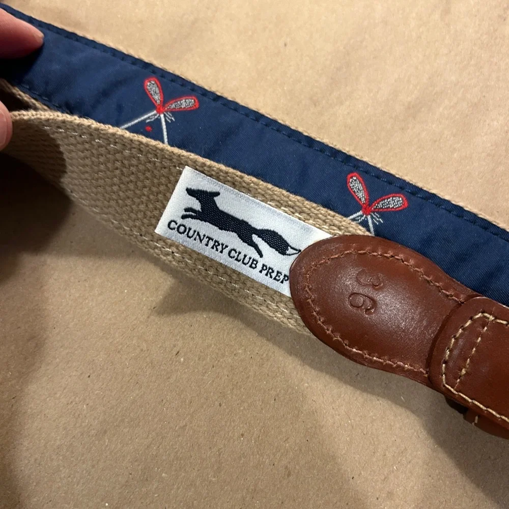 Country Club Prep Canvas Brown Leather Belt with Navy Lacrosse 36